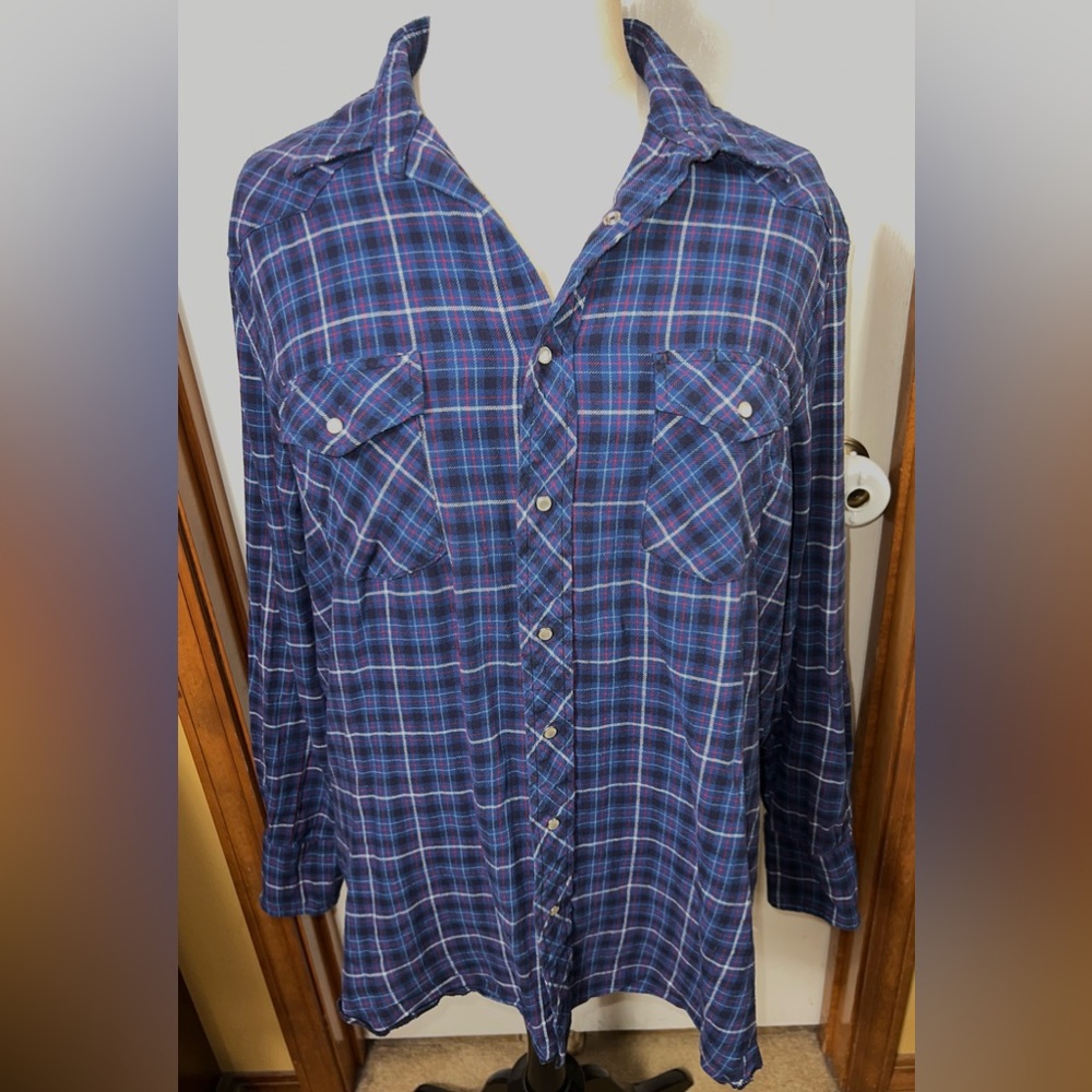 Wrangler Flannel Shirt Pearl Snap Button Down Blue/Red Men’s 2XT (Women’s 3X)